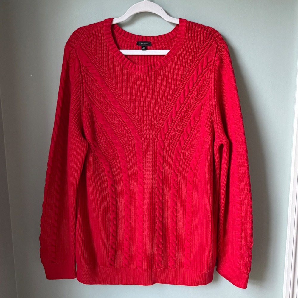 Talbots Cable Knit Sweater Red Crewneck Cotton Blend Christmas Holidays Size XL